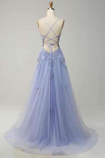 Spaghetti Straps A Line Light Purple Long Ball Dress with Criss Cross Back